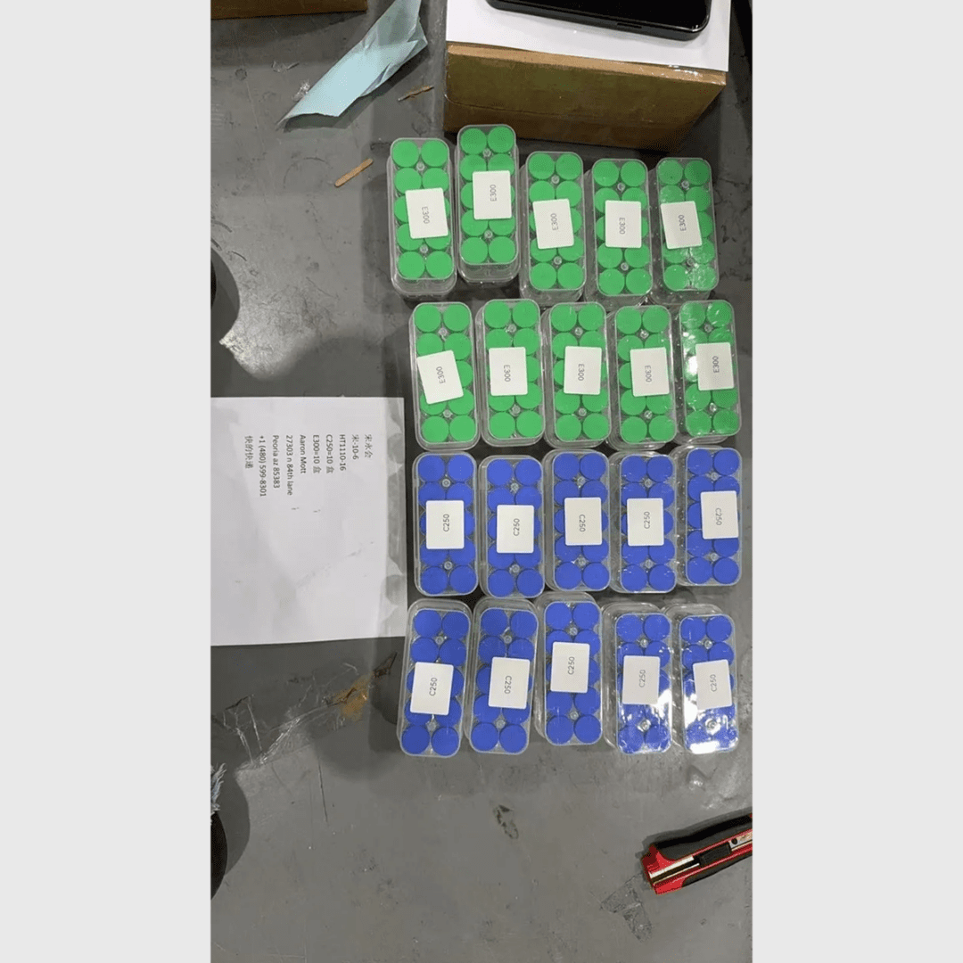 Battery cells arranged in colorful packs