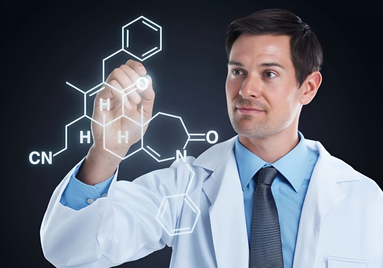 Researcher drawing molecular diagram in lab