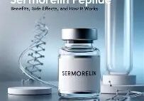 Sermorelin peptide vial with DNA model