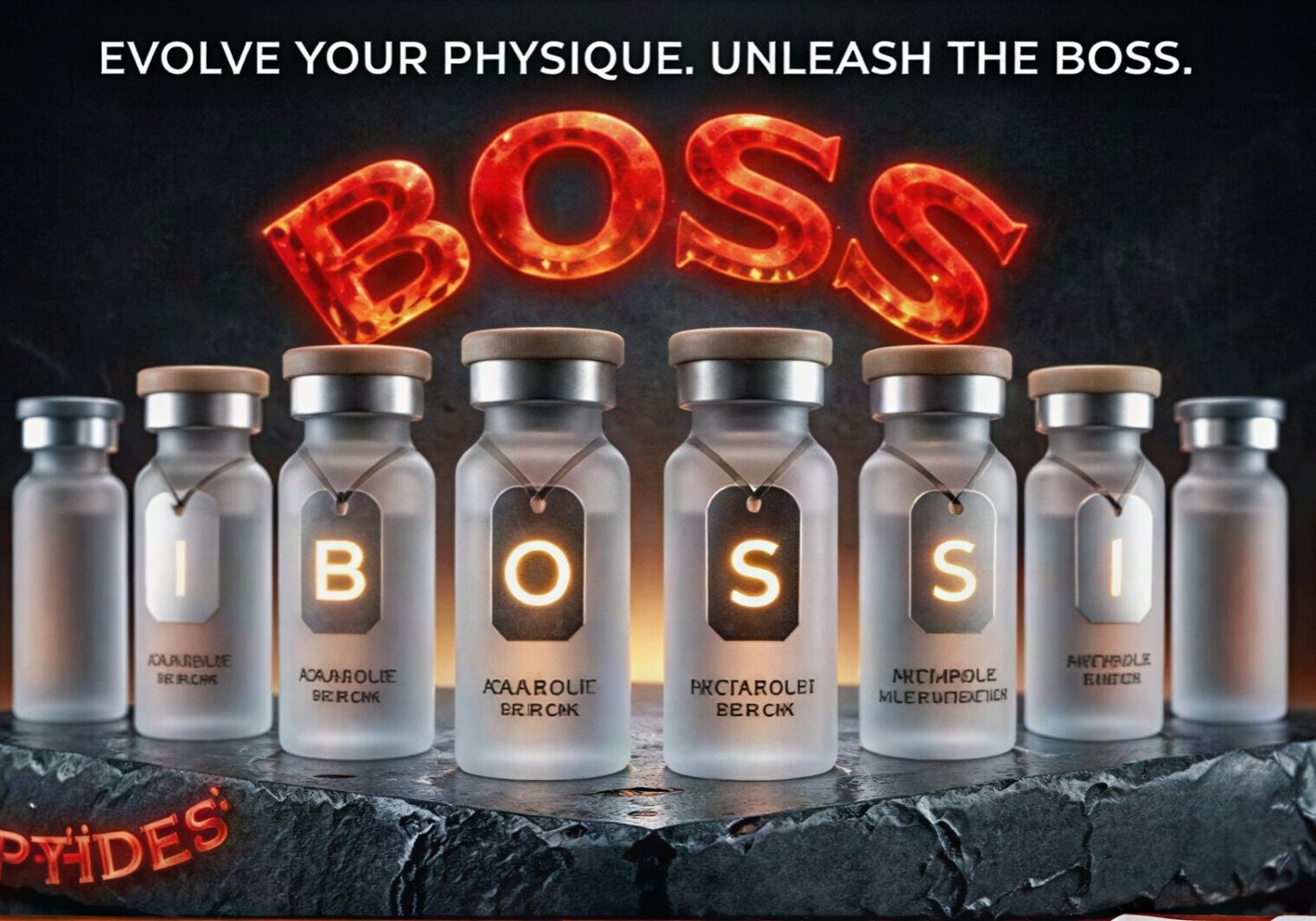 Vials arranged to form the word BOSS