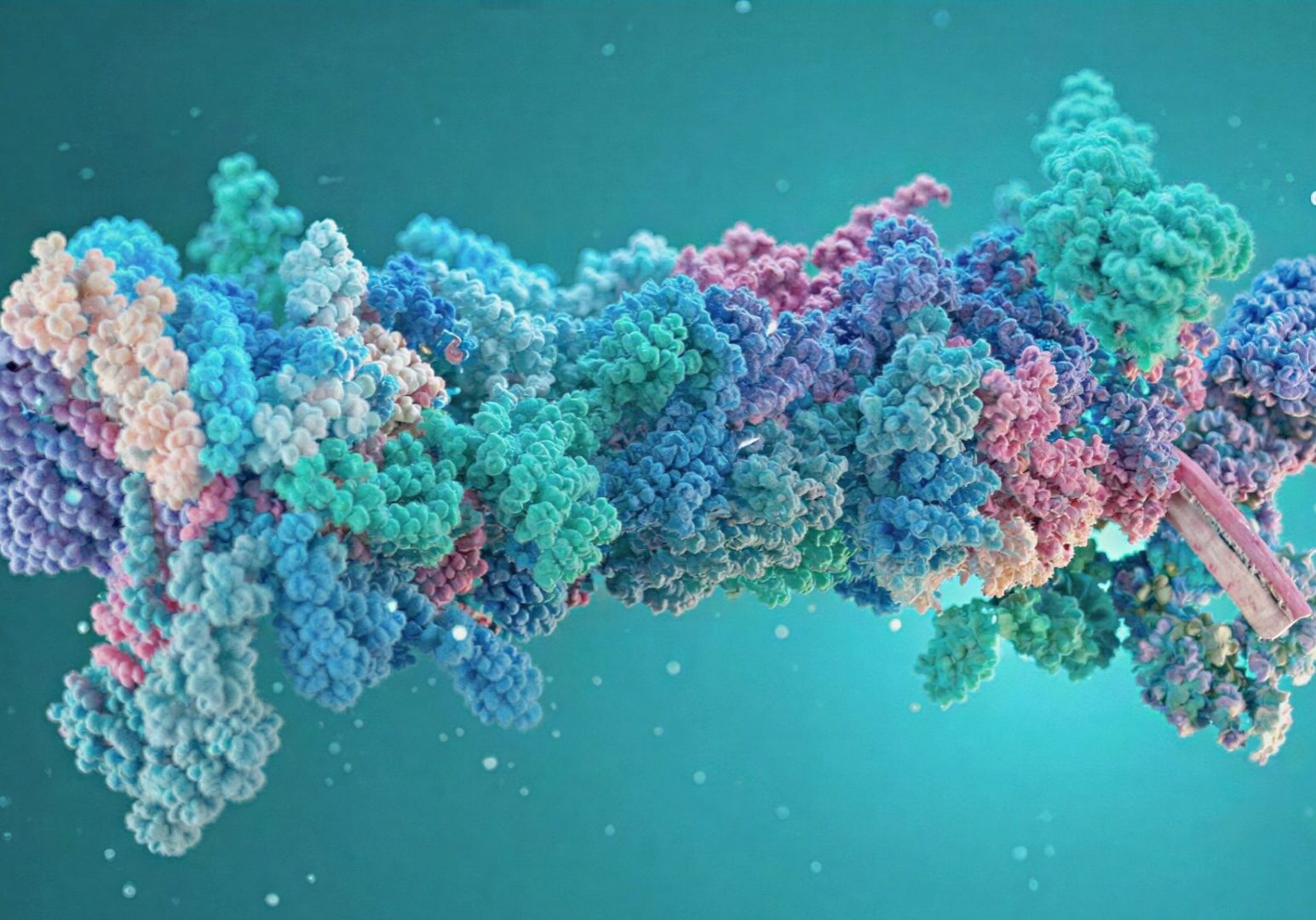 Colorful molecular structure on turquoise background